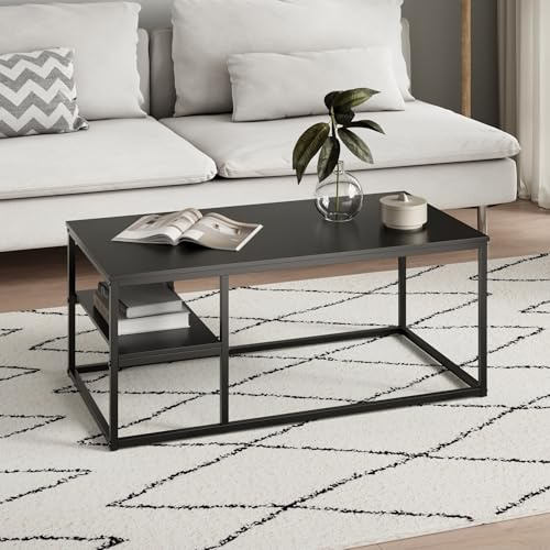 Home Collective Couchtisch, Beistelltisch, Wohnzimmertisch, Tisch Couch | Mit Ablage und pulverbeschichtetem Metallrahmen | Pflegeleicht & robust | 102x52x42 cm (BxTxH) | Schwarz