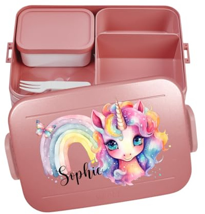 Mepal Bento Lunchbox Take a Break personalisiert, Brotdose mit Fächern Einsatz, Lunch Box mit Name, Bento Box Set bunter Aufdruck Einhorn Regenbogen Large Rot