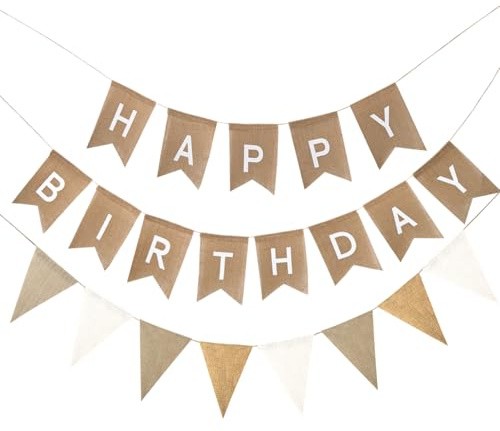 Happy Birthday Girlande, Geburtstag Wimpelkette Beige Boho, Jute Banner Happy Birthday Vintage Leinen für Geburtstag Party Dekoration
