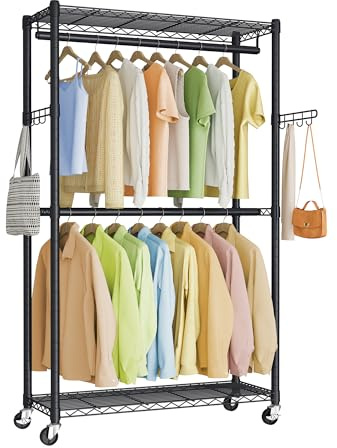 SONGMICS Rolling Portable Wardrobe, Heavy-Duty Metal Clothes Rack on Wheels, with Adjustable Shelves and Hanging Rails, Hooks, 40 x 90 x 199 cm, Ink Black LGR416BH01