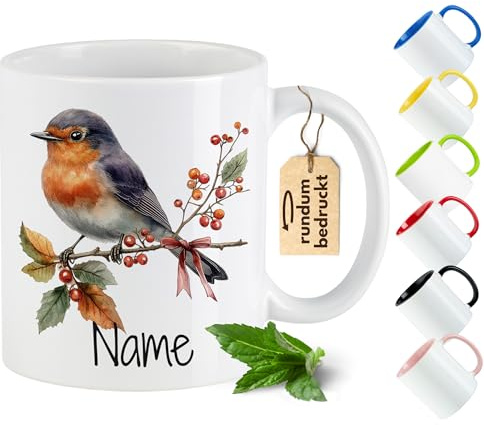 GRAZDesign Rotkehlchen Tasse Vogel Kaffeetasse mit Namen personalisiert Geschenk für Birdspotter Kaffeebecher Vögel Becher - Weiß