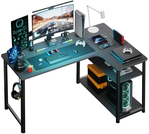 COMHOMA L Shaped Gaming Desk 100x80CM Corner Computer Desk with Shelves Headphone Hook PC Table Workstation for Home Office Bedroom (Black, 100CM)