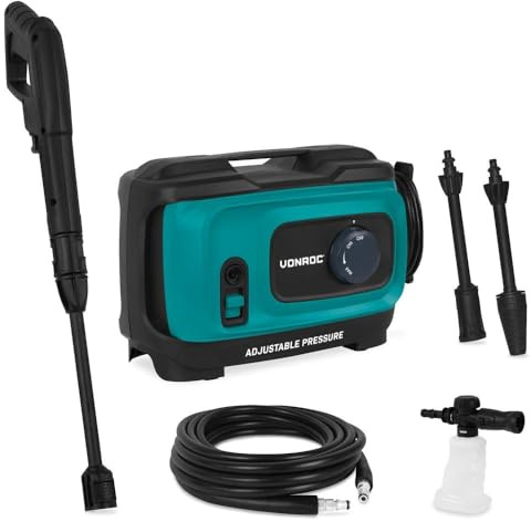 VONROC Idropulitrice V24-3 2400W 180 Bar con Regolatore di Pressione – Avvolgitubo Integrato, Tubo Alta Pressione 10 m, Pompa in Alluminio, Schiumatore e Pulitore Patio, Set Completo