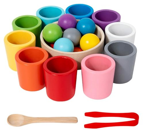 SPEPROECO Rainbow Balls in Cups Toddler Montessori Toys Learning Color Sorting and Counting Montessori Wooden Rainbow Color Sorting Toy for Toddlers