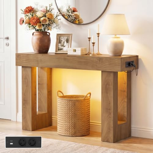 iSunirm Mesa Consola con Enchufes, 120x35x85 cm Consola Recibidor Estrecha con 2 Enchufes, 2 USB y Luz con Sensor, Pasillo, Salón, Detrás del Sofá, Roble Natural