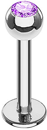 Piersando Piercing Stab Stecker Kugel mit Kristall Lippen Labret Lippenpiercing Ohr Tragus Ohrpiercing Helix Nase Intim Zungen Nasen 1,2mm x 6mm x 3mm Silber Lila