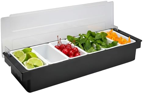 Chabrias Ltd Commercial-Grade 6 Compartment Condiment Dispenser with Clear Lid & Integrated Handles - Garnish Station for Pizza Toppings, Cocktail Ingredients, Salad Bars, BBQ Prep & Entertaining (6)