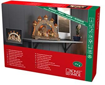 Konstsmide LED Holzsilhouette, naturfarben, Holzbrücke mit Laternen, wählbare Energiefunktion, 17 warm weiße Dioden, 3V Innentrafo/batteriebetrieben, transparentes Kabel - 3251-100