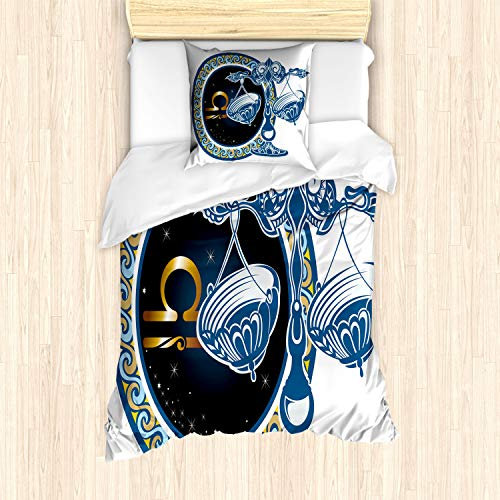 ABAKUHAUS Tierkreis Bettbezug Set für Einzelbetten, Zeichen Waage Stern, Milbensicher Allergiker geeignet mit Kissenbezug, Weiß Blau