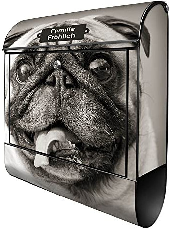 banjado® Design Briefkasten personalisiert Mops Porträt 38,5x46,5x13cm & 2 Schlüssel - Briefkasten Stahl schwarz Zeitungsfach pulverbeschichtet - Postkasten A4 Einwurf inkl. Montagematerial