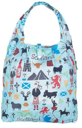 ECO CHIC Lightweight Foldable Reusable Shopping Bag Water Resistant Tote Bag (Scottish Montage Blue)