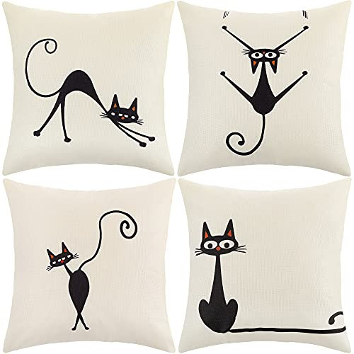 ARNTY Kissenbezug 45x45cm, Kissenhülle Boho Kissenbezüge 4er Set Dekorativ Kissenbezug für Sofa Büro Auto Schlafzimmer Zuhause Dekor (Katze-Leinen)