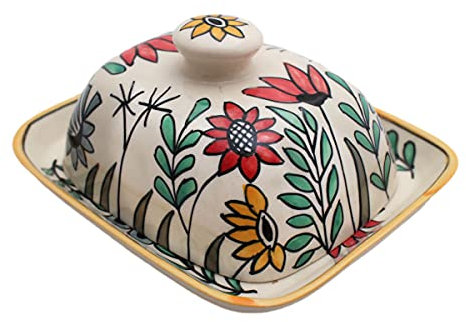 Butterdose mit Deckel Keramik Bunt Handbemalt (Blumen Gelb)