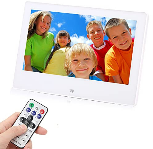 Digitaler Bilderrahmen, 7in 1024x600 Res High Definition IPS 16:9 Breitbild Elektronisches Album mit Körpersensor, Unterstützt Automatische Wiedergabe, Fernbedienung, Kalender, Uhrzeit(EU)