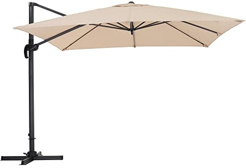 The Fellie 3 x 3m 360° Rotation Garden Parasol, Outdoor Cantilever Hanging Sun Shade Umbrella with Cross Base, 6 Adjustable Angle Patio Banana Umbrella, UPF 30+ UV Protection, Khaki