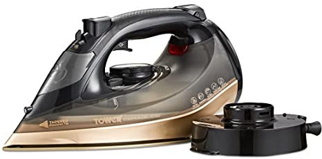 Tower Ceraglide T22019GLD 2 in 1 Cord or Cordless Steam Iron with Ceramic Soleplate, Anti - Drip, Anti - Calc, 2800W, Black and Gold