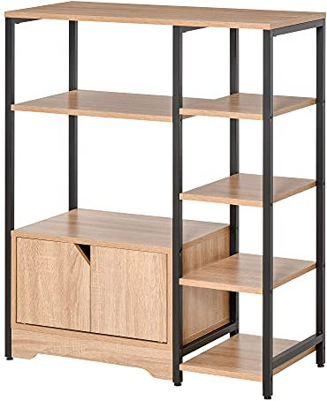 HOMCOM Estantería para Libros con Múltiples Estantes Abiertos y Doble Puerta Librería con Marco de Metal para Oficina Salón 80x35x97 cm Madera Natural