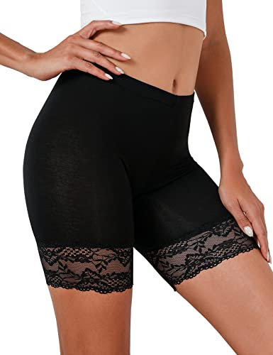 Tuopuda Damen Unterhose Unter Rock Kurz Hose Spitze Slips Anti-Chafing Shorts 1/3er Pack Boxershorts Miederhose Unterkleid Taillenslip Weichem Panties Leggings mit Spitzenbesatz, schwarz, M