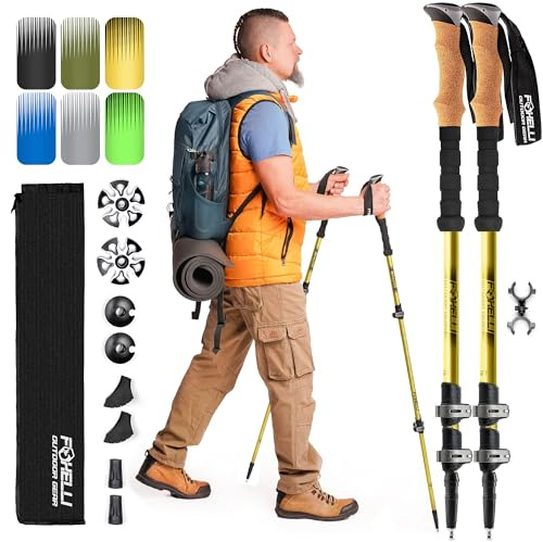 Foxelli Trekking Poles – Lightweight Collapsible Aircraft Grade Aluminum Hiking Poles with Cork Grips Quick Locks & All-Terrain Accessories – Pair of 2