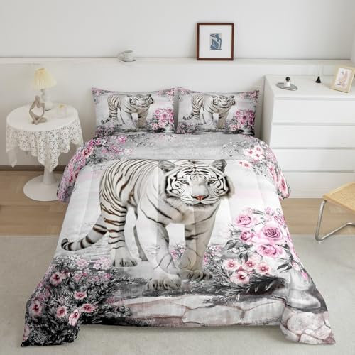 Castle Fairy Rose Flower Tiger Kinder-Bettwäsche-Set Queen Size, Afrika wilde Wildtiere Tiere weißer Tiger Bettwäsche-Set für Männer Frauen Erwachsene, mehrfarbiges Blumenmuster, botanisch bemalter