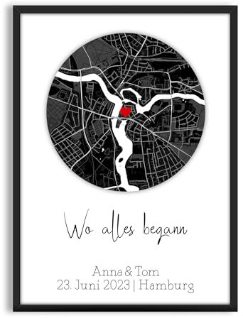 Wo Alles Begann Bild personalisierbar mit Landkarte und Koordinaten | schwarz weiss | optional mit Rahmen | Geschenk für Partner oder Verlobungsgeschenk | 1. Erstes gemeinsames Date (Schwarz)