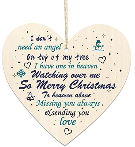 Memorial Christmas Ornaments Decorations Xmas Tree Baubles- Wooden Hanging Love Heart Plaque Christmas Remembrance Mum Dad Nan Friend Gifts -Merry Christmas in Heaven Memory to Remember Loved Ones