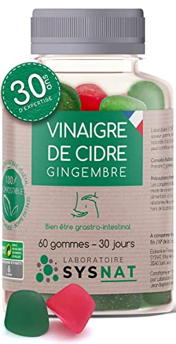 Vinaigre de cidre & Gingembre • 60 Gummies Digestion • Regime • Transit • Glycémie • Cure 1 mois • Emballage compostable français • 3 usines en France • 30 ans d'expertise • Laboratoire SYSNAT