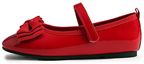 Feversole Girls Cute Dress, Mädchen süßes Kleid Mary Jane Schuhe weiche Party Urlaub Ballerinas Fliege Rot Veganes Lackleder Größe 34 EU