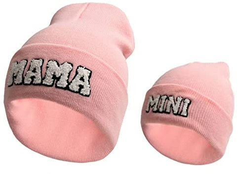 Wellcalmly 2 STÜCKE Eltern-Kind-Mütze Mama und Mini-Mütze Winter Skifahren Slouchy Warm Cap, Weiche Kopfbedeckung, Pink, Einheitsgröße