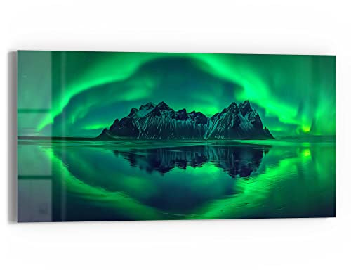 DEQORI Glasbild Echtglas | Motiv Vestrahorn im Polarlicht | horizontal einteilig 60x30 cm | schöne Dekoration | Wandbild für Wohnzimmer, Schlafzimmer, Flur & Küche | moderne Wanddeko