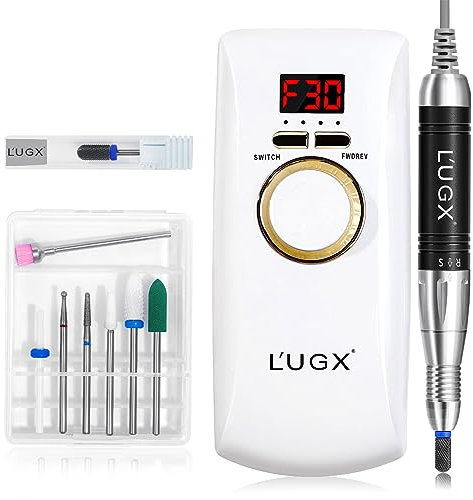 Professional Rechargeable Nail Drill Machine w/ Coreless Motor, L'UGX Portable Electric Nail File Wireless 30000 RPM Cordless Nail Drill Acrylic Nails w/ 8 Nail Drill Bits Manicure, White (LG601S)