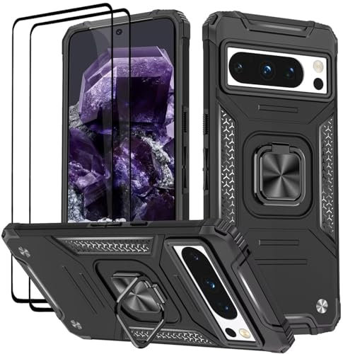 KANSi Coque pour Google Pixel 8, Verre Trempé [2 Pièces] + Housse TPU Silicone Rotation 360° Aimant Anneau Support Double Défense Protection Etui - Noir
