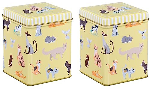 tea4chill 2 Stk Teedosen für losen Tee 100g, Gewürzdosen Cats, Metall, eckig mit Scharnierdeckel, vintage Design, 75 x 75 x 95mm (LxBxH)