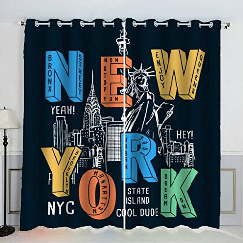 AKATIE Rideau Occultant New York Rideaux Oeillet Polyester 3D Chambre Rideau Thermique Isolant Anti Froid Thème De La Ville Rideau Chambre Enfant (150x166 cm )