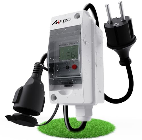 AIFIZO Compteur électrique numérique mobile 80 A 230 V, appareil de mesure KWH mobile d'extérieur avec étanchéité IP65, avec réinitialisation, câble de tuyau en caoutchouc, portable pour camping-car,