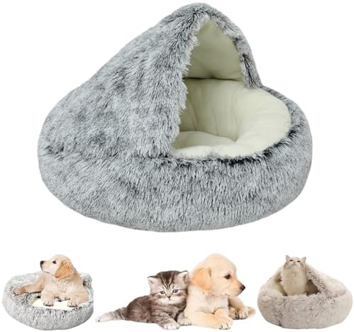 Cozy Pet Bed,Fidofaves Cozy Dog Bed,Winter Pet Plush Bed,Dog Bed with Hood,Soft Cat Kennel Dog Kennel,Washable,Non-Slip Bottom for Small Medium Dogs Snooze Sleeping Indoor (15.7in, Gray Short Plush)