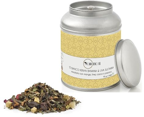 Novecento Tè® | Tè Bianco Kenya Banana Uva Sultanina in Foglie - 90 Gr | Tè Bianco Mango, Lime, Cocco, Papaya | Miscela Tè Bianco con Pezzi Frutta Sfuso Latta Metallo