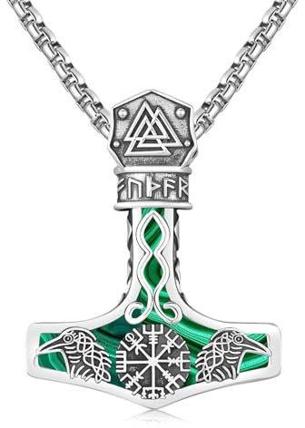 Twoowl Mjolnir Necklace Sterling Silver Viking Compass Pendant Thor Hammer Necklace Raven Necklace Norse Runes Vegvisir Amulet Jewellery Gifts for Women Men(Malachit)