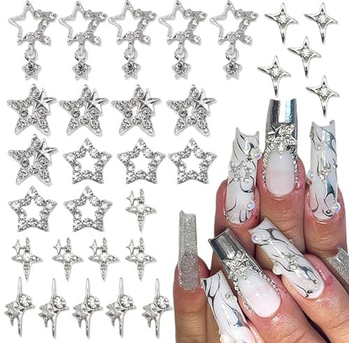 Mezrkuwr 30 Stück silberne Stern Nagel Charms, glänzende 3D-Sterne, Nagel Edelsteine, Y2K Charms, Dekoration, Metall-Nagelzubehör, Sternenlicht-Nagelschmuck