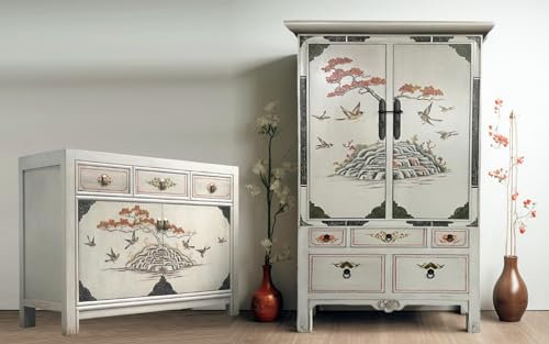 OPIUM OUTLET Chinesische Möbel Kombination Set 2-teilig Asia Möbel Wohnzimmer Vintage hellgrau Sideboard Kommode Schrank Hochzeitsschrank Buffet Anrichte orientalisch asiatisch komplett montiert