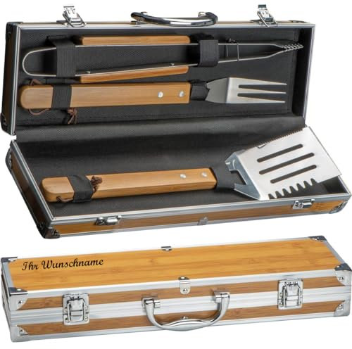 Grillkoffer aus Metall und Bambus mit Namensgravur - 3 teiliges BBQ Besteck