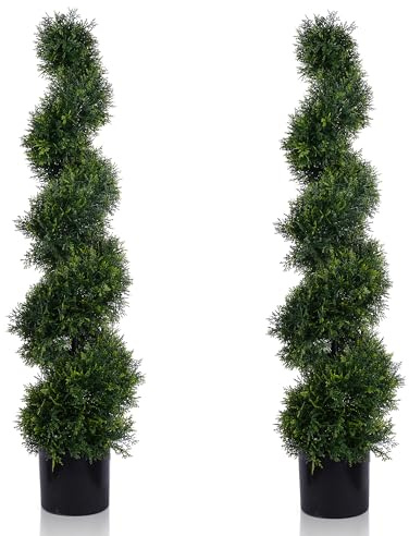 MDAL 4FT Artificial Spiral Cypress Tree,Topiary Trees Artificial Outdoor-Indoor Outdoor Decor - Plastic Pots - Set of 2