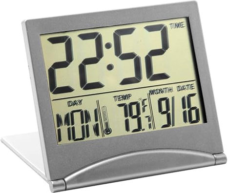 BakeWhiz Digital LCD Clock Alarm Foldable Desk Clock Bedside with Date Day Temperature Display Christmas Thanksgiving Creative Portable Compact Bedside Office Small Clock Battery Operated Silver
