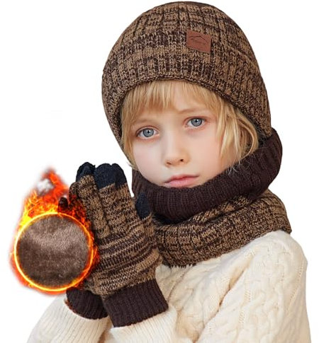 TMEOG Wintermütze Kinder Set - Strickmütze, Loop Schal Mit Fleece Futter, Touchscreen Handschuhe für Jungen Mädchen 4-10 Jahre (Braun)
