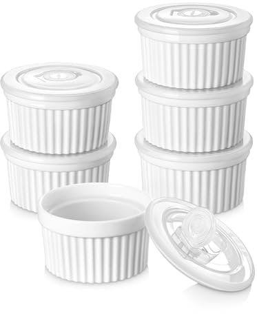 vancasso Moldes para Soufflé con Tapas - 6 Ramequines de Cerámica 200ml, Moldes para Tartas y Postres, Ø 9,5cm, Mini Cuencos Blancos Apto para Lavavajillas, Microondas y Horno, Ideal para Navidad