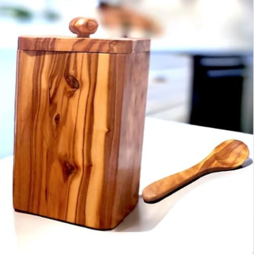 Handcrafted Olive Wood Spice Jar with Lid and Spoon | Rustic Airtight Storage Container for Salt, Sugar, Spices, and Herbs | Natural Grain Finish Eco-Friendly Kitchen Canister | 6 Tall