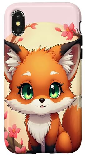 Hülle für iPhone X/XS Fox Japanische Kirschblüten-Vintage