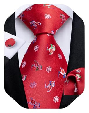 DiBanGu Mens Weihnachten Krawatte Set Lustige festliche Krawatte Gewebte Pocket Square Manschettenknöpfe Set mit Geschenkbox, Rot Weihnachtsmann und weiß Schneeflocke