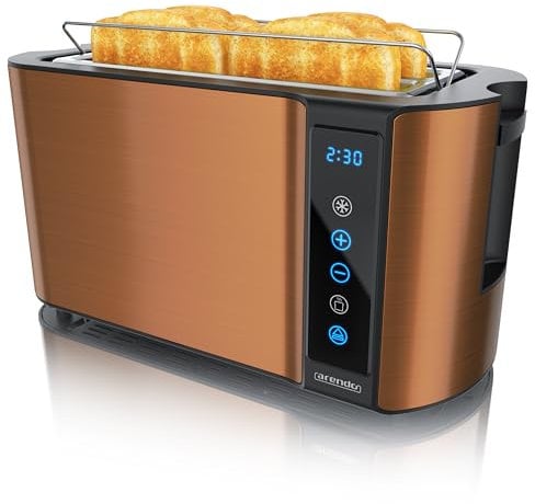 Arendo - Edelstahl Toaster Langschlitz 4 Scheiben- Touchscreen – Doppelwandgehäuse – Integrierter Brötchenaufsatz – 7 Bräunungsgrade – Brotzentrierung – Restzeitanzeige – Memoryfunktion - Kupfer