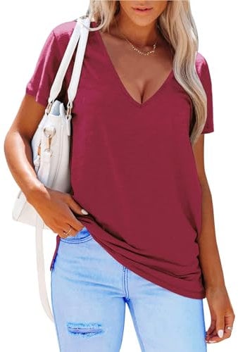 Suncife Womens Summer Casual V Neck T Shirts Short Sleeve Loose Fit Tshirts Tops (Burgundy,S)